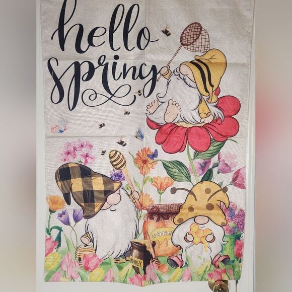 Hello Spring Flag 39.5"×28"Double Sided Trick or Banner Gnomes Flowers Polyester - Picture 1 of 6